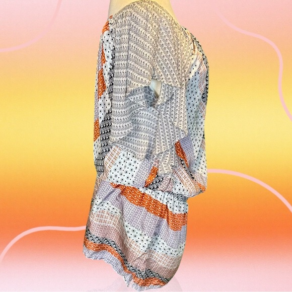 Gypsy 05 Gray & Orange Multi Bandana Print Striped Boho Silk Mini Dress Size M - Picture 10 of 12